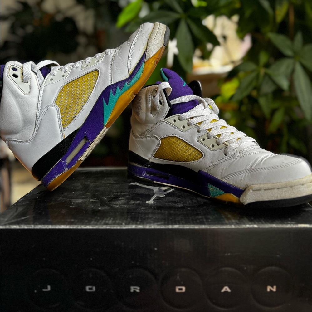 Jordan White and Yellow Sneakers with Purple Accents